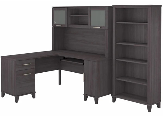 L shaped computer desk with 5 shelf bookcase 60W highlight storm gray
