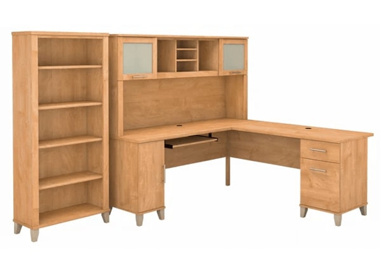 L shaped computer desk with 5 shelf bookcase 72 w highlight maple cross