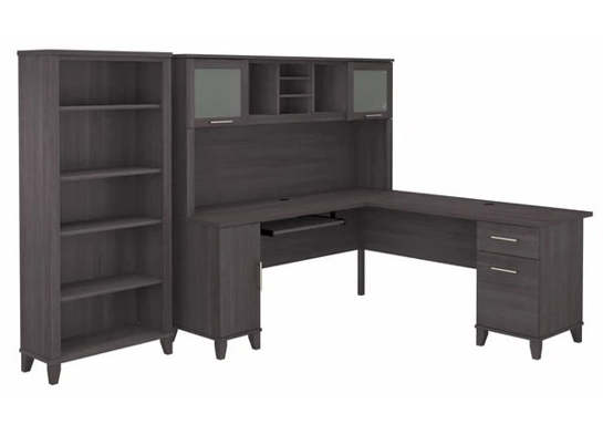 L shaped computer desk with 5 shelf bookcase 72 w highlight storm gray