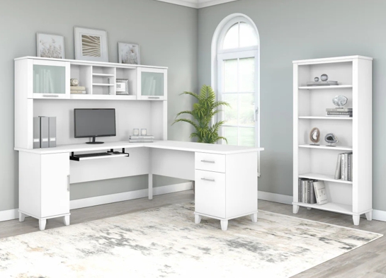 L shaped computer desk with 5 shelf bookcase 72 w space view white