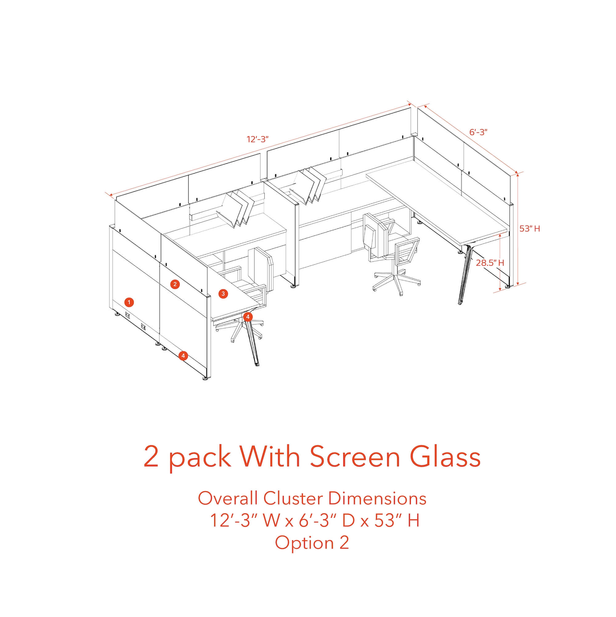 Modern cubicles tapered legs 2 pack with screen glass opt 2 53H