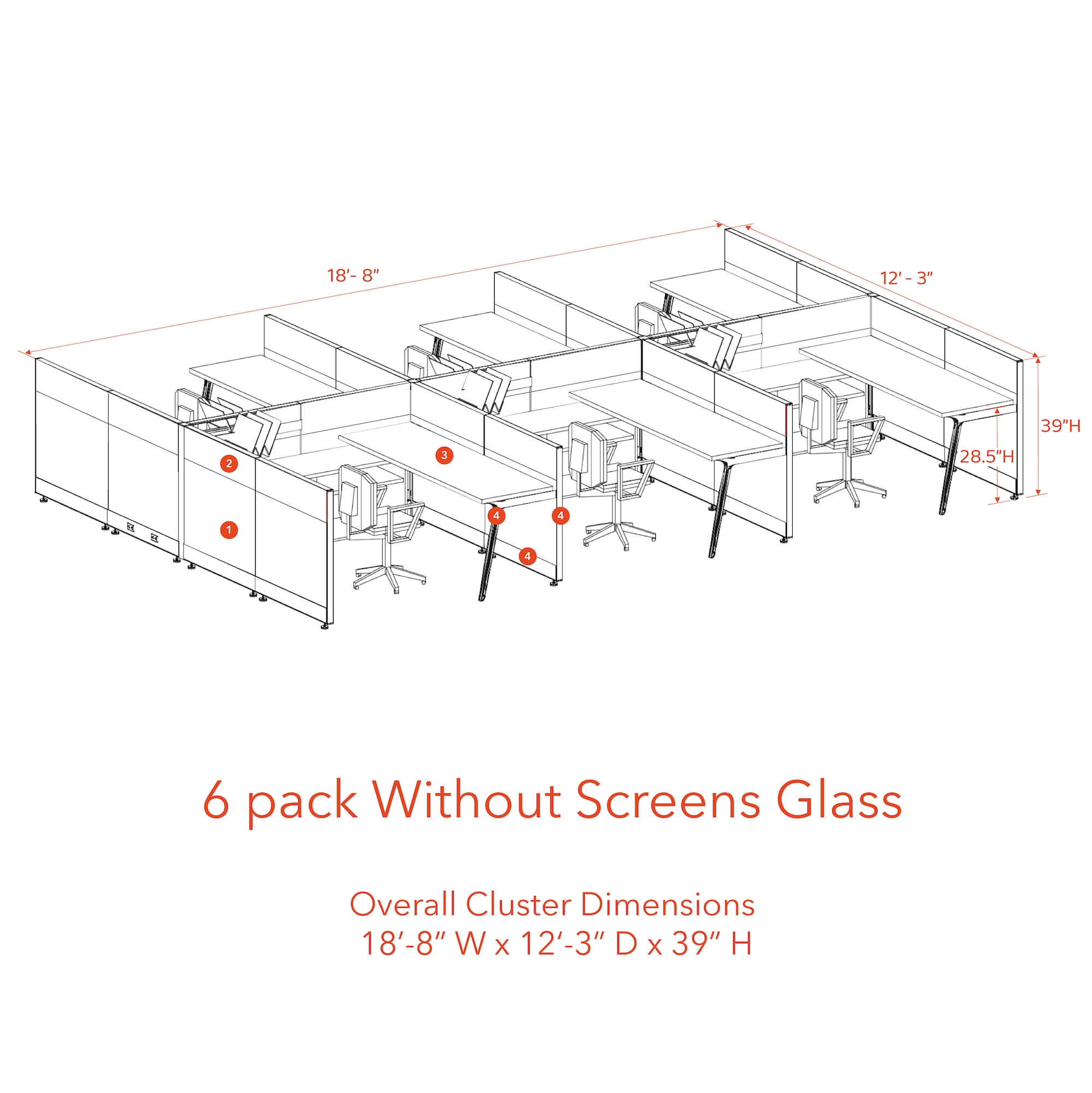 Modern cubicles tapered legs 6 pack without screen glass 39H