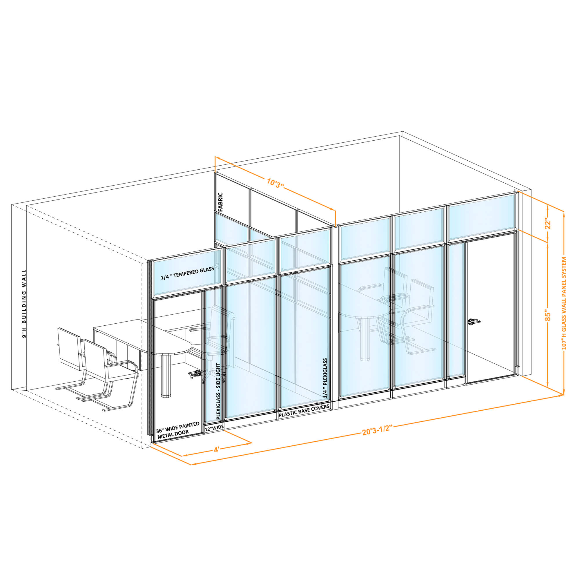 Modular glass office walls GWO T 100x100x1070