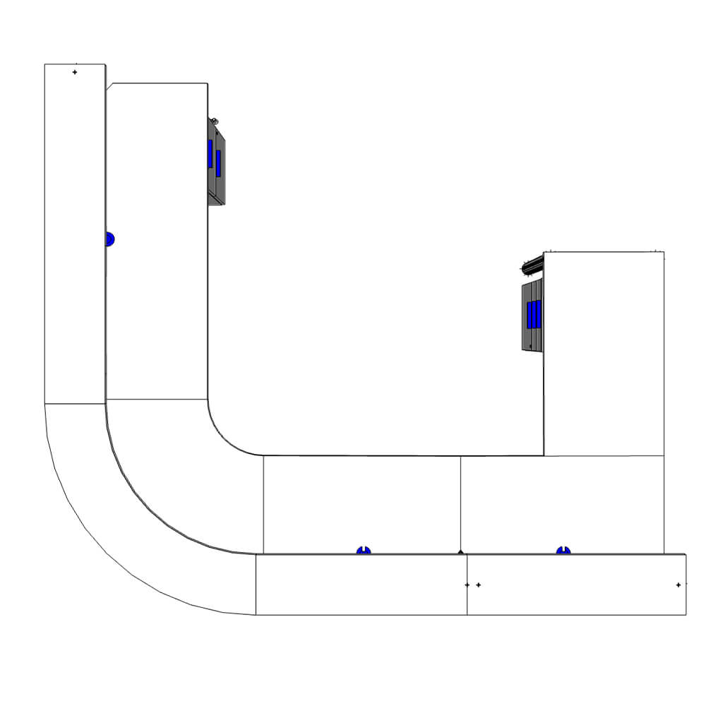 Corner reception desk with curved front and return top view