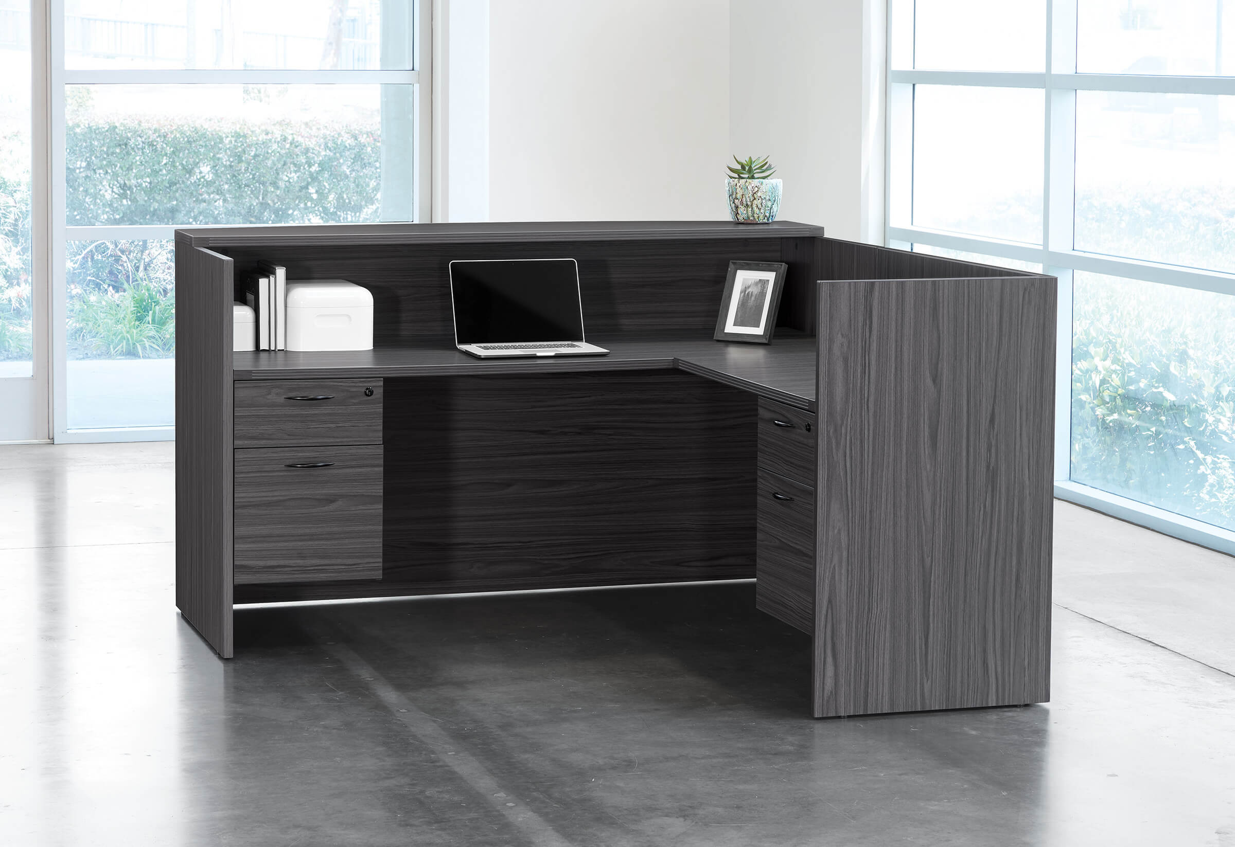 Office reception desk straight reception desk contemporary office reception desk slate grey internal view 1