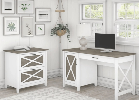 Rustic style desk with drawer lateral file cabinet space view shiplap gray pure white