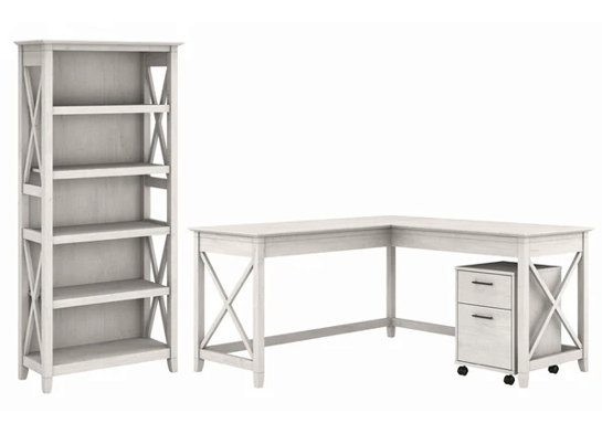 Western l shaped desk with 5 shelf wooden bookcase highlight linen white oak Western l shaped desk with 5 shelf wooden bookcase highlight linen white oak