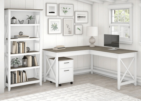 Western l shaped desk with 5 shelf wooden bookcase space view shiplap gray pure white Western l shaped desk with 5 shelf wooden bookcase space view shiplap gray pure white