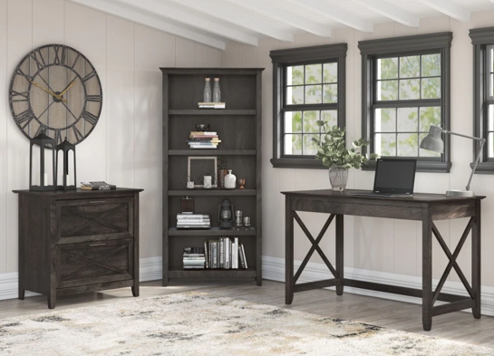 Western style desk with drawer lateral file cabinet and 5 shelf bookcase highlight dark gray hickory Western style desk with drawer lateral file cabinet and 5 shelf bookcase highlight dark gray hickory