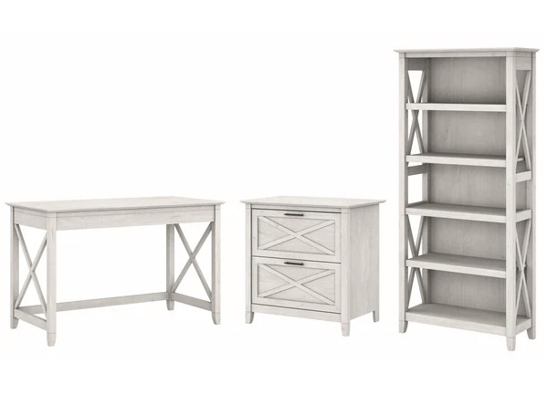 Western style desk with drawer lateral file cabinet and 5 shelf bookcase linen white oak Western style desk with drawer lateral file cabinet and 5 shelf bookcase linen white oak