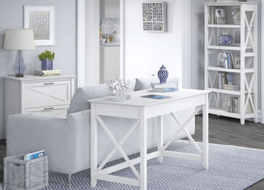 Western style desk with drawer lateral file cabinet and 5 shelf bookcase space view pure white oak Western style desk with drawer lateral file cabinet and 5 shelf bookcase space view pure white oak